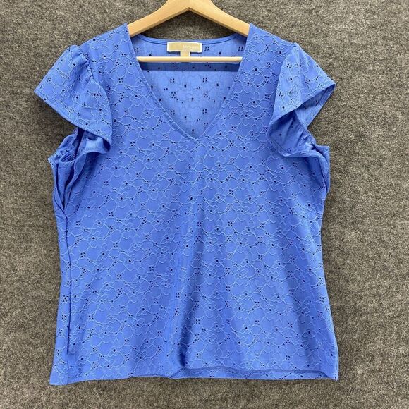 Michael Kors Blouse Women L Large Blue Floral Embroidered V-Neck Short Sleeve - Picture 1 of 9